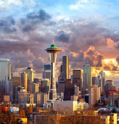 Seattle, WA skyline at sunset