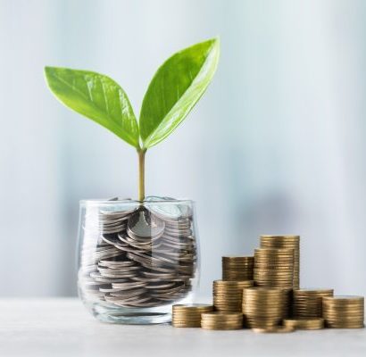 Glass jar filled with coins and a small seedling in the center, with stacks of coins arranged from smallest to largest on a table. Highlights the concept of saving and financial growth