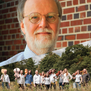 Headshot of Charles Brewer and promotional photo of ACRONYM members holding instruments