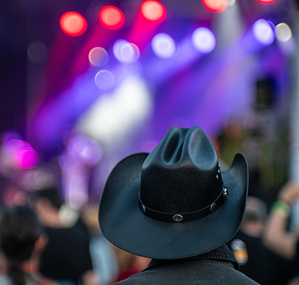 Man in a black cowboy hat at a concert, back of the head shot